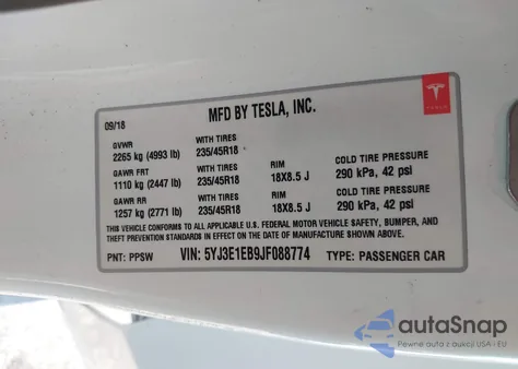 2018 Tesla Model 3 Long Range/Performance from USA, damaged, VIN 5YJ3E1EB9JF088774